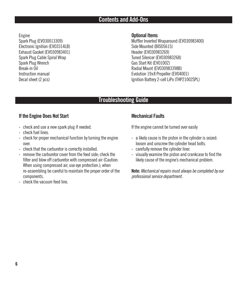 Contents and add-ons troubleshooting guide | Evolution Engines EVOE40GX User Manual | Page 6 / 12