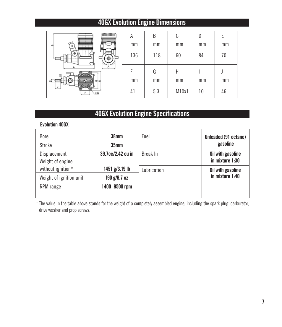 40gx evolution engine dimensions, 40gx evolution engine specifications | Evolution Engines EVOE40GX User Manual | Page 7 / 12