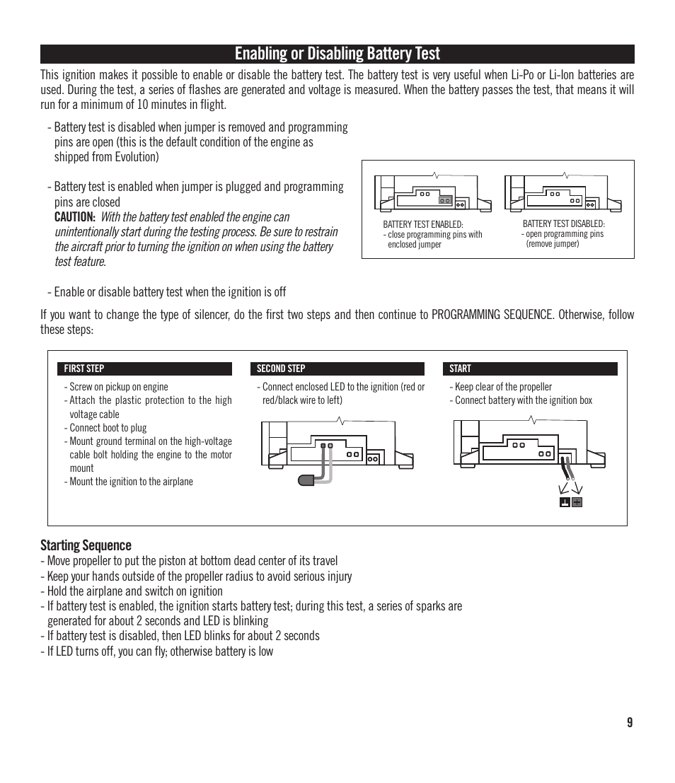 Enabling or disabling battery test, Starting sequence | Evolution Engines EVOE40GX User Manual | Page 9 / 12