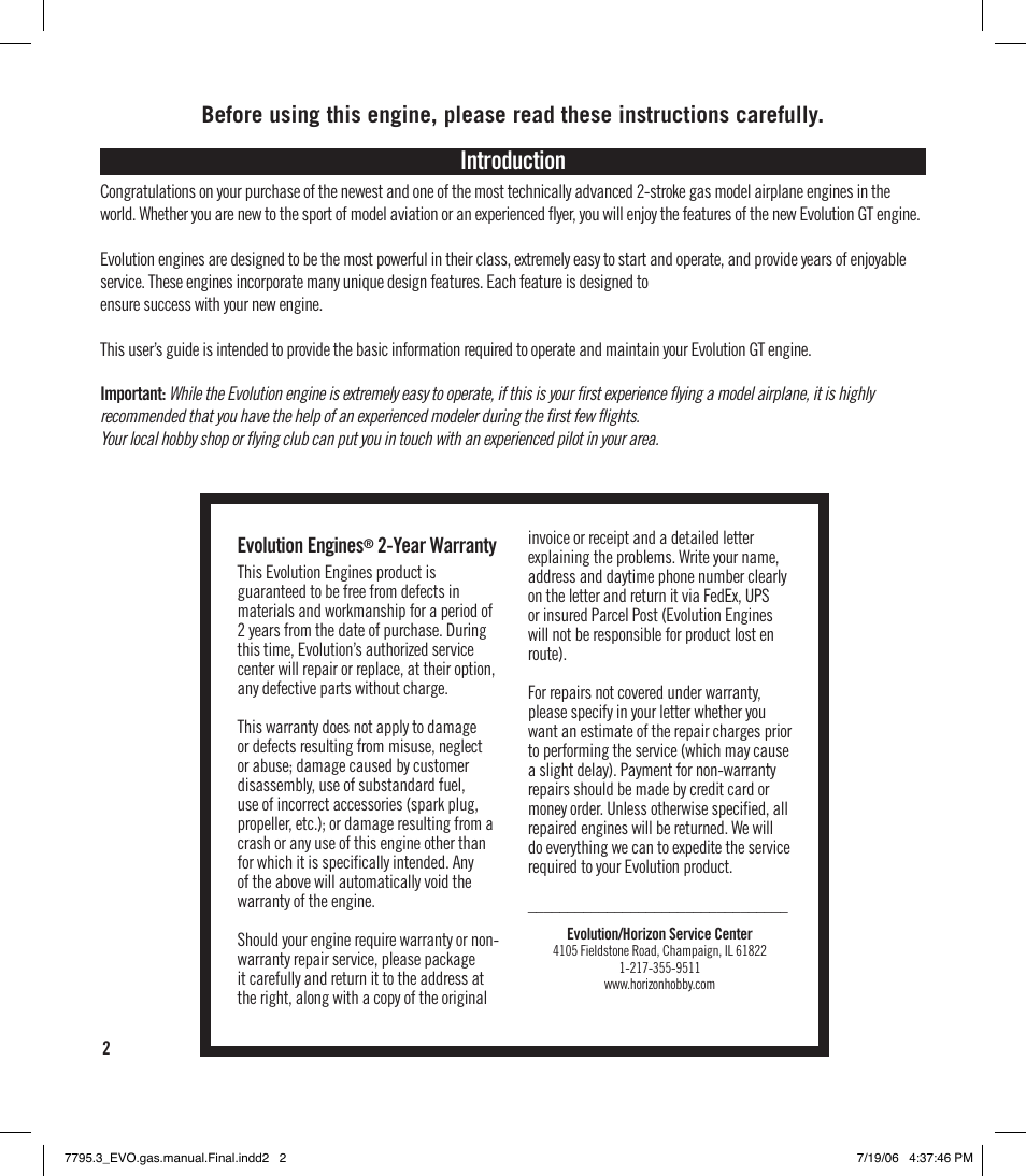 Introduction | Evolution Engines 35GT2 User Manual | Page 2 / 12