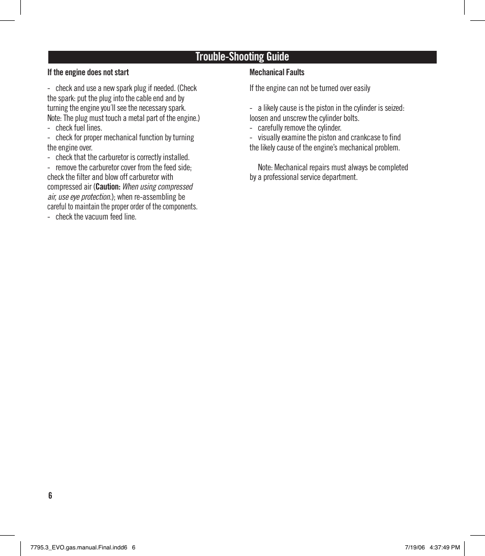 Trouble-shooting guide | Evolution Engines 35GT2 User Manual | Page 6 / 12