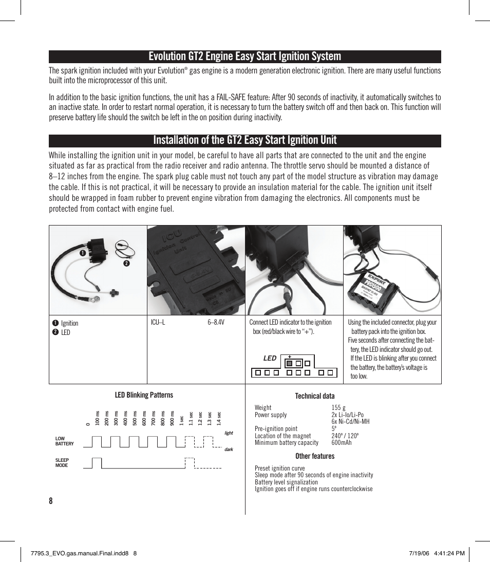 Evolution gt2 engine easy start ignition system, Installation of the gt2 easy start ignition unit, The spark ignition included with your evolution | Technical data, Other features, Led blinking patterns | Evolution Engines 35GT2 User Manual | Page 8 / 12