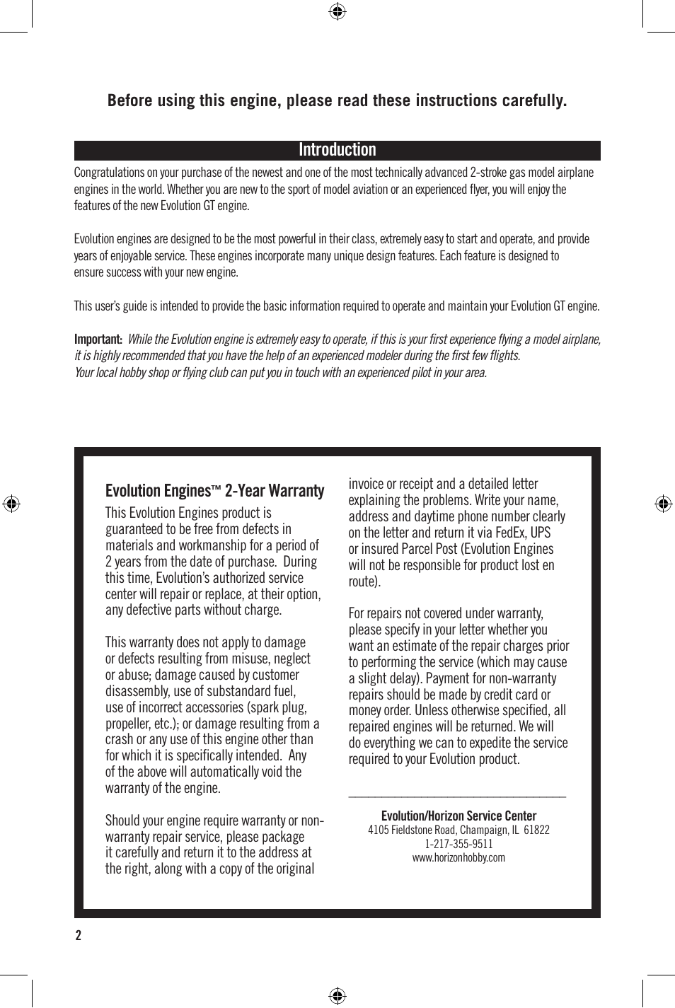 Introduction, Evolution engines, Year warranty | Evolution Engines 35GT User Manual | Page 3 / 12