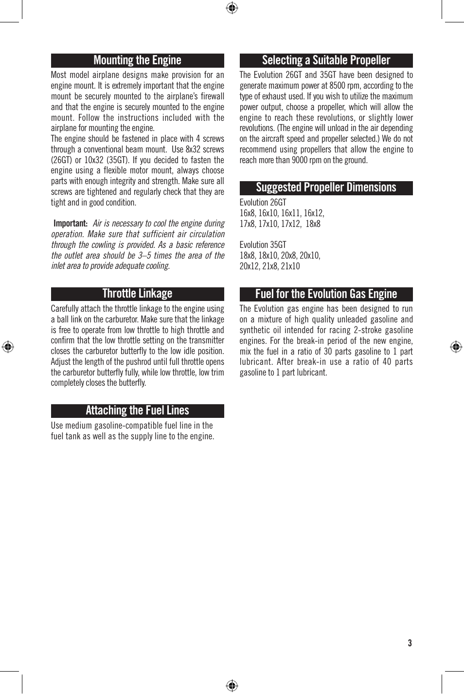 Mounting the engine, Throttle linkage, Attaching the fuel lines | Selecting a suitable propeller, Suggested propeller dimensions, Fuel for the evolution gas engine | Evolution Engines 35GT User Manual | Page 4 / 12