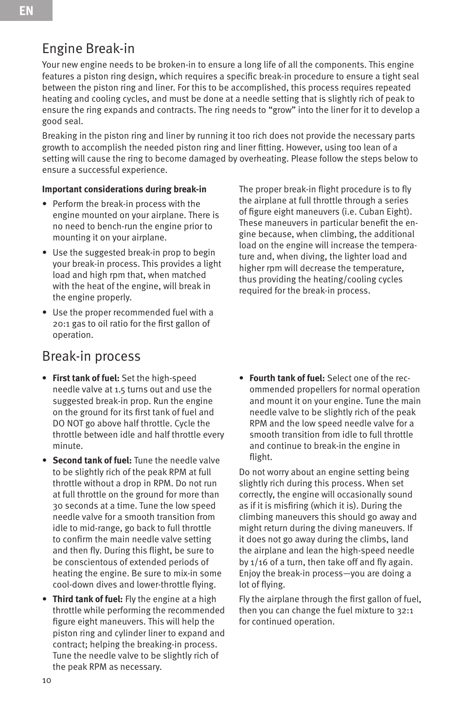 Engine break-in, Break-in process | Evolution Engines EVOE33GX User Manual | Page 10 / 19
