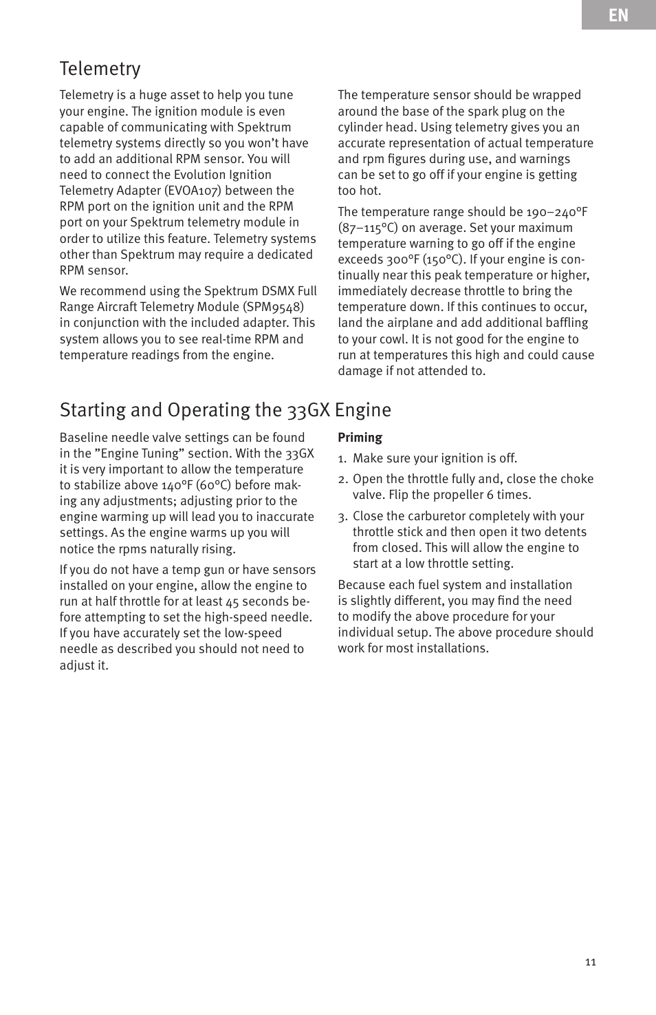 Starting and operating the 33gx engine, Telemetry | Evolution Engines EVOE33GX User Manual | Page 11 / 19