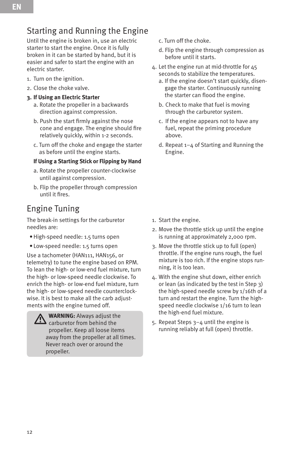 Engine tuning, Starting and running the engine | Evolution Engines EVOE33GX User Manual | Page 12 / 19