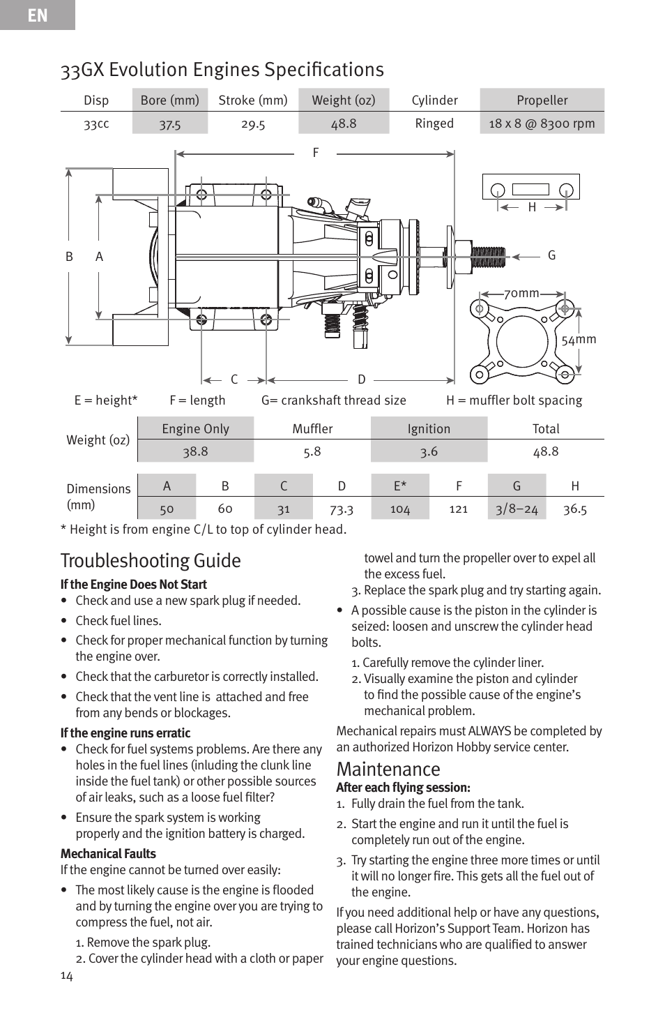 33gx evolution engines specifications, Troubleshooting guide, Maintenance | Evolution Engines EVOE33GX User Manual | Page 14 / 19