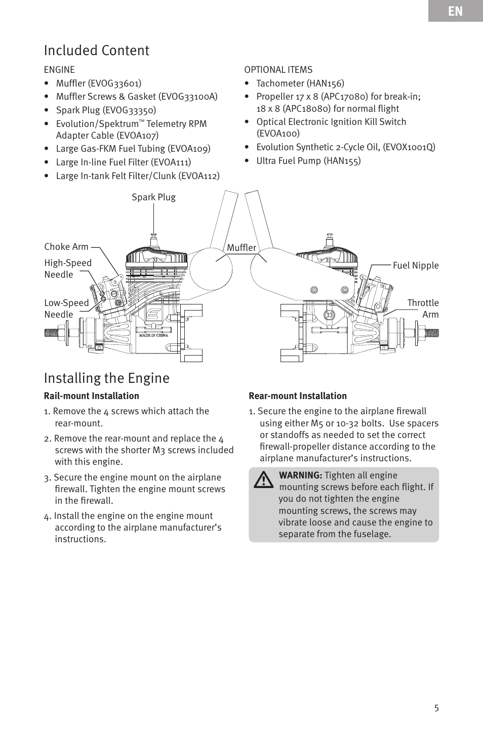 Included content, Installing the engine | Evolution Engines EVOE33GX User Manual | Page 5 / 19