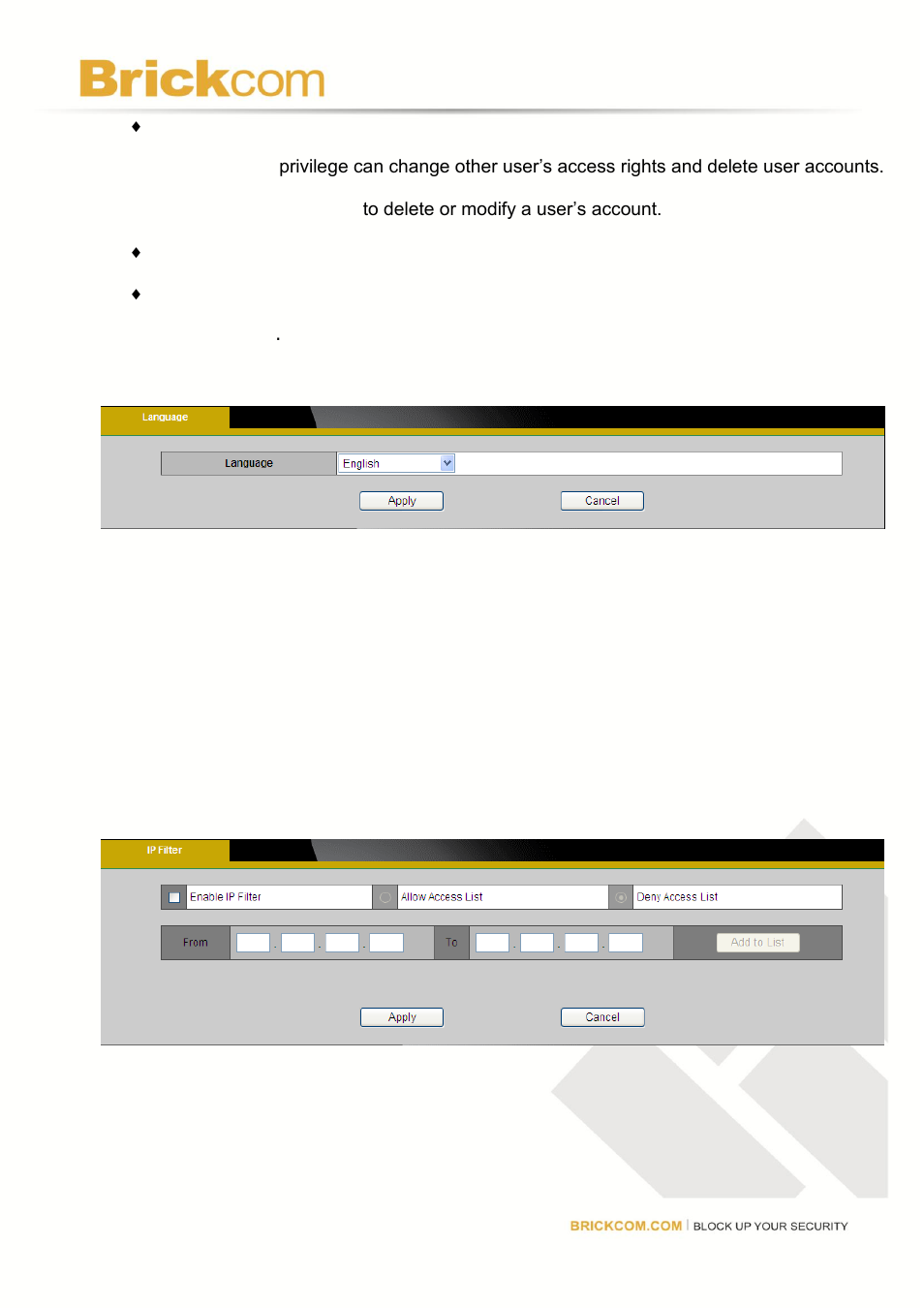 Language, Ip filter | Brick Computer CB-102A User Manual | Page 83 / 85