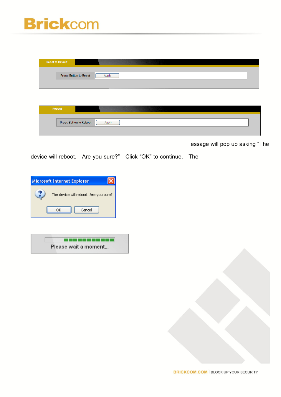Reset to default, Reboot | Brick Computer CB-102A User Manual | Page 85 / 85