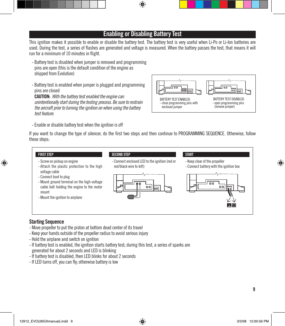 Enabling or disabling battery test, Starting sequence | Evolution Engines 26GX User Manual | Page 10 / 12