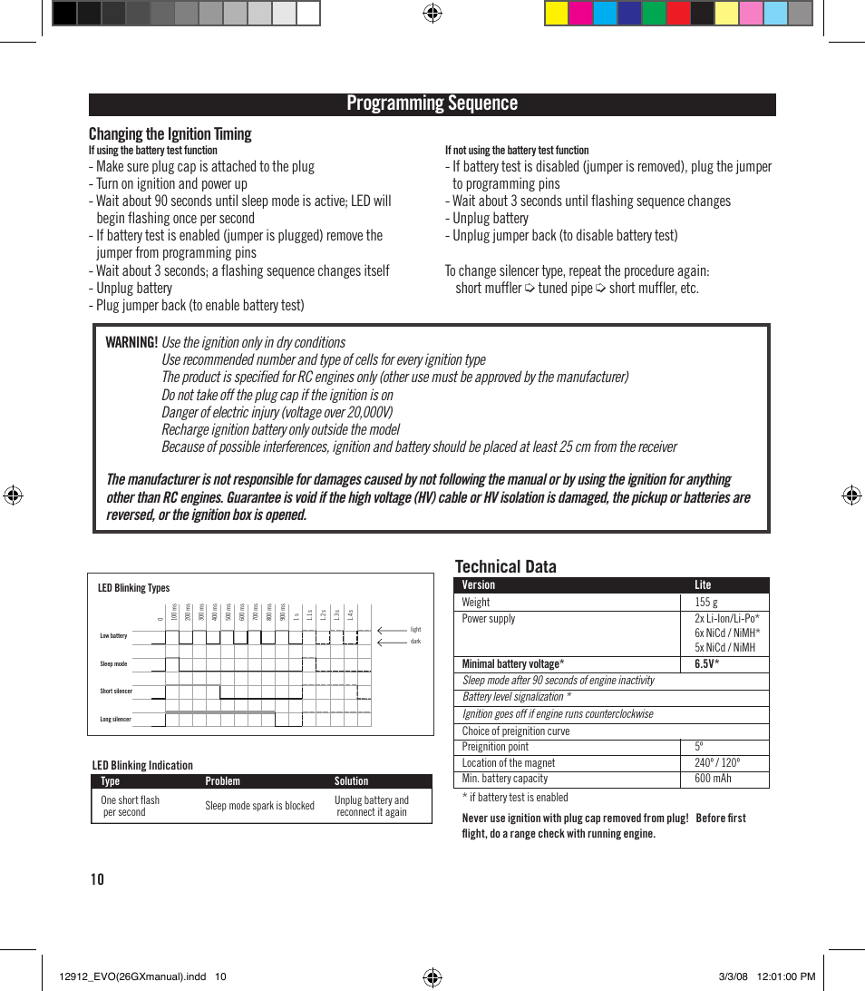 Programming sequence, Technical data, Changing the ignition timing | Evolution Engines 26GX User Manual | Page 11 / 12