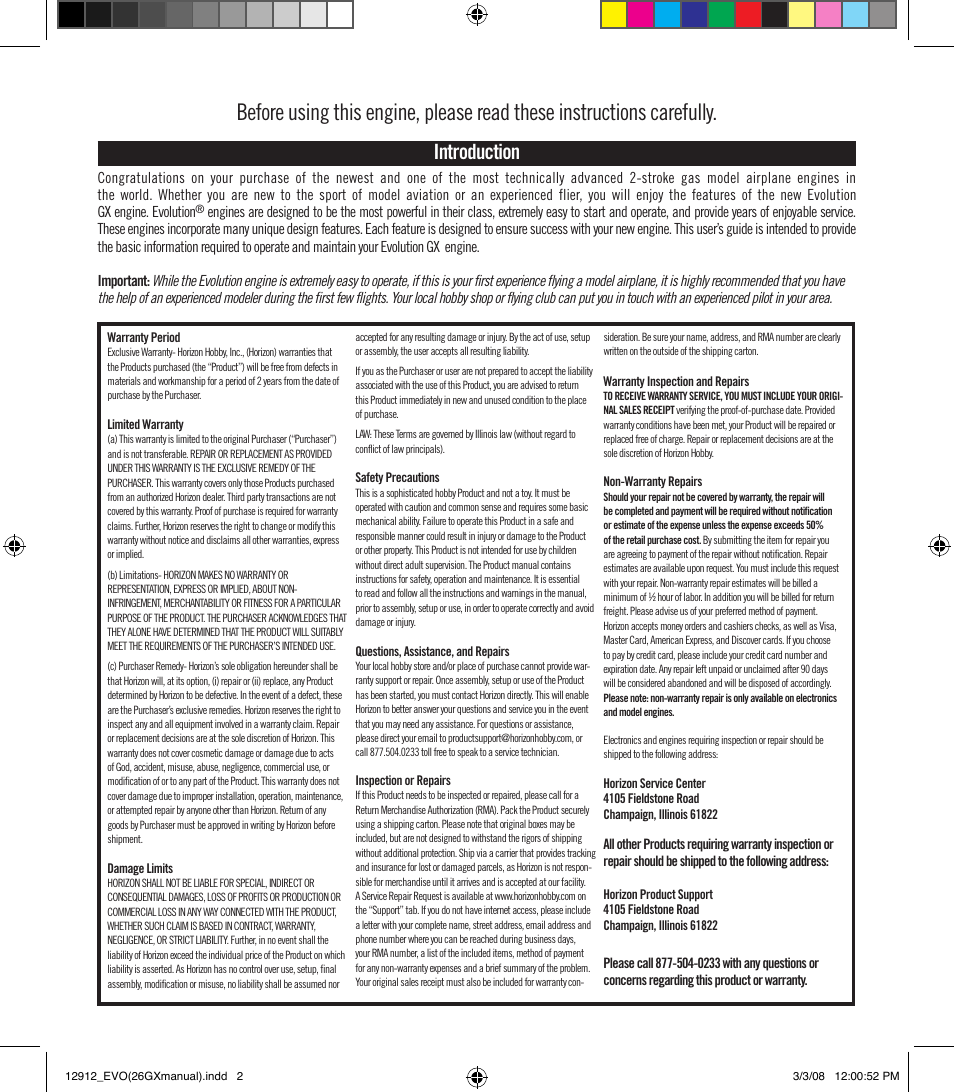 Introduction | Evolution Engines 26GX User Manual | Page 3 / 12