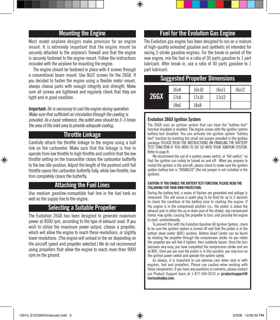 26gx, Mounting the engine, Throttle linkage | Attaching the fuel lines, Selecting a suitable propeller, Fuel for the evolution gas engine, Suggested propeller dimensions | Evolution Engines 26GX User Manual | Page 4 / 12