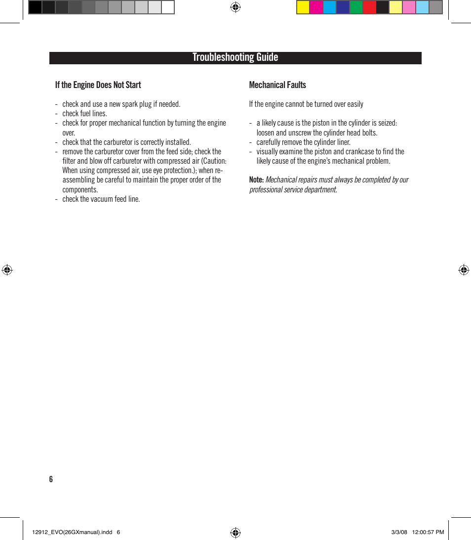 Troubleshooting guide | Evolution Engines 26GX User Manual | Page 7 / 12