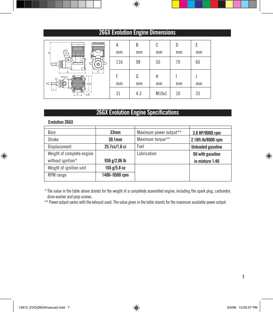 26gx evolution engine dimensions, 26gx evolution engine specifications | Evolution Engines 26GX User Manual | Page 8 / 12