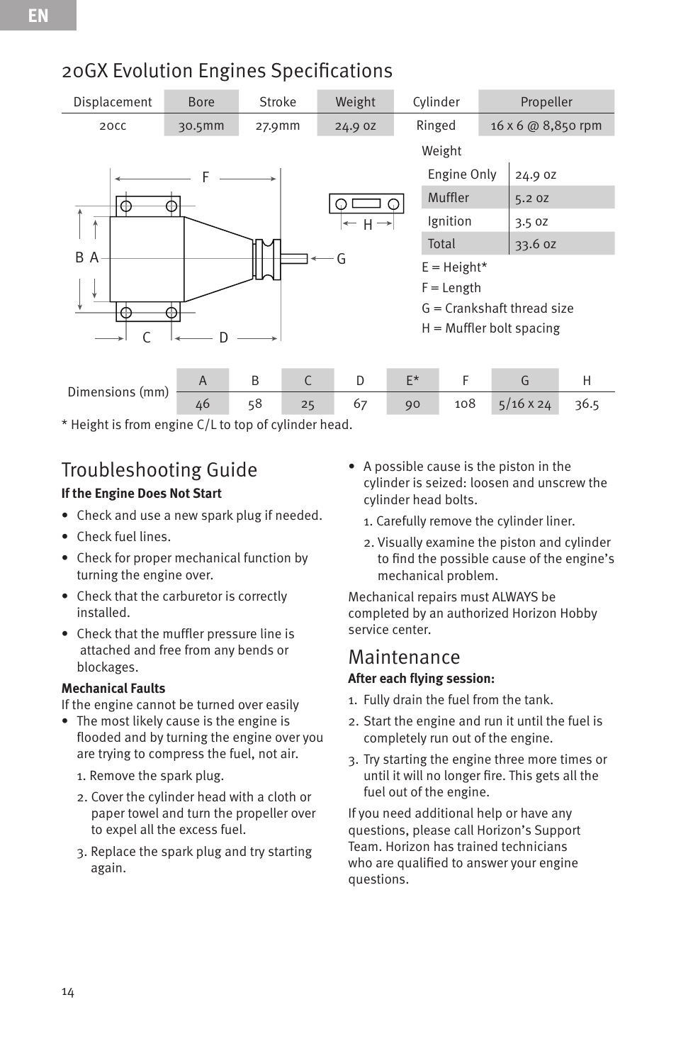 20gx evolution engines specifications, Troubleshooting guide, Maintenance | Evolution Engines EVOE20GX User Manual | Page 14 / 19