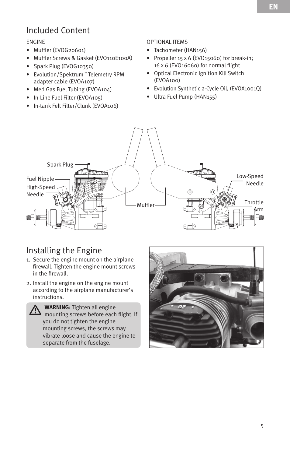 Installing the engine, Included content | Evolution Engines EVOE20GX User Manual | Page 5 / 19