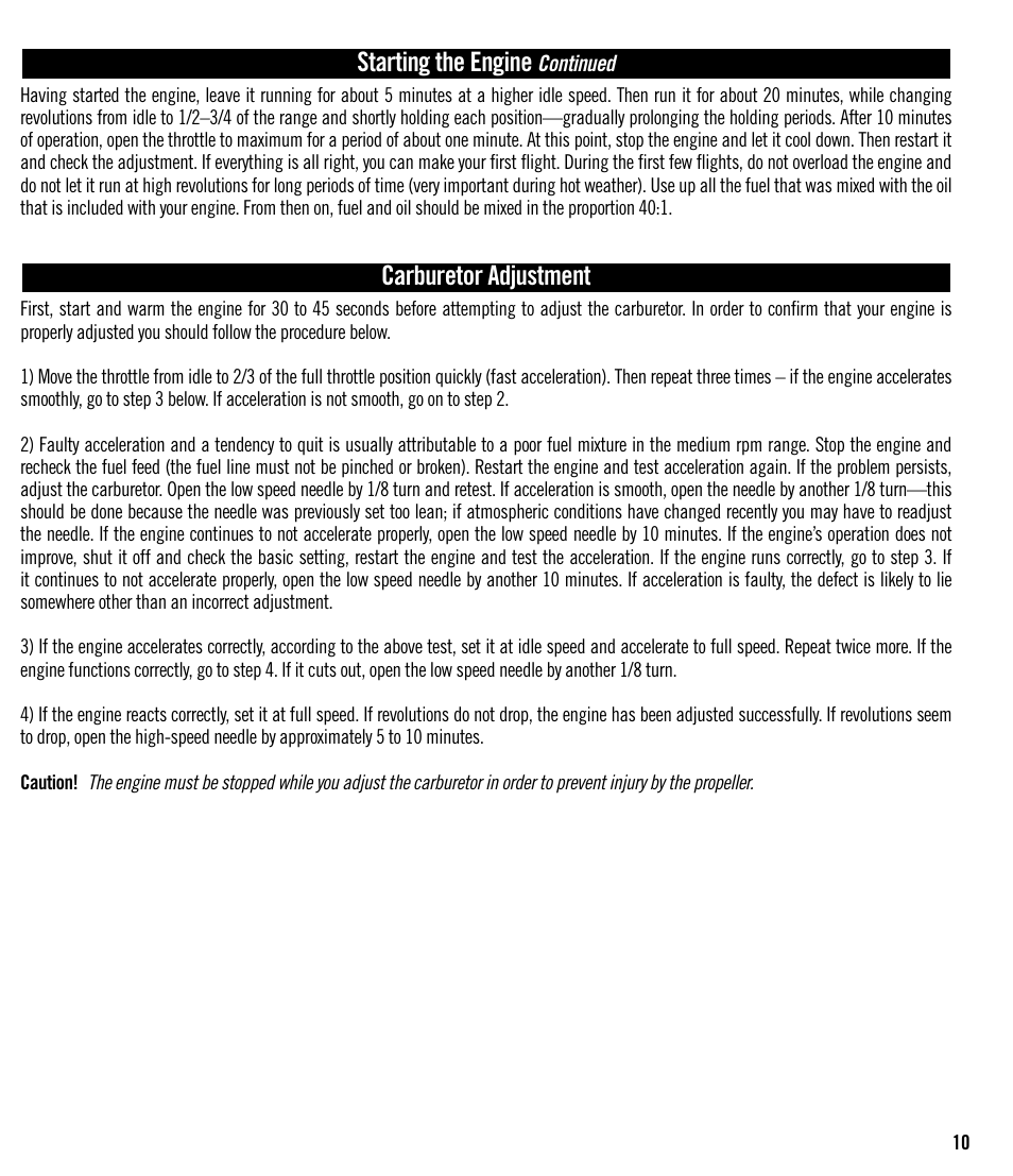 Starting the engine, Carburetor adjustment | Evolution Engines 152GX User Manual | Page 10 / 16