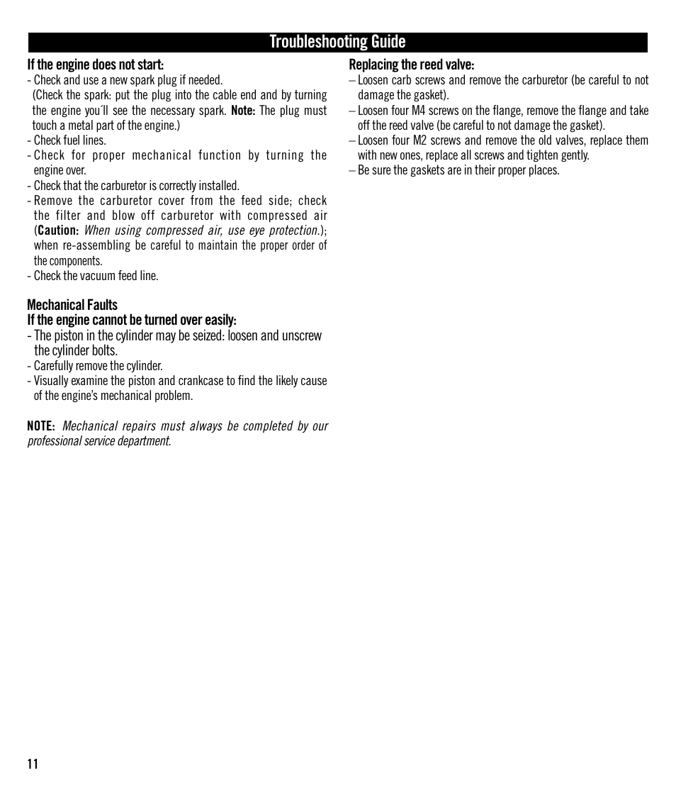 Troubleshooting guide | Evolution Engines 152GX User Manual | Page 11 / 16