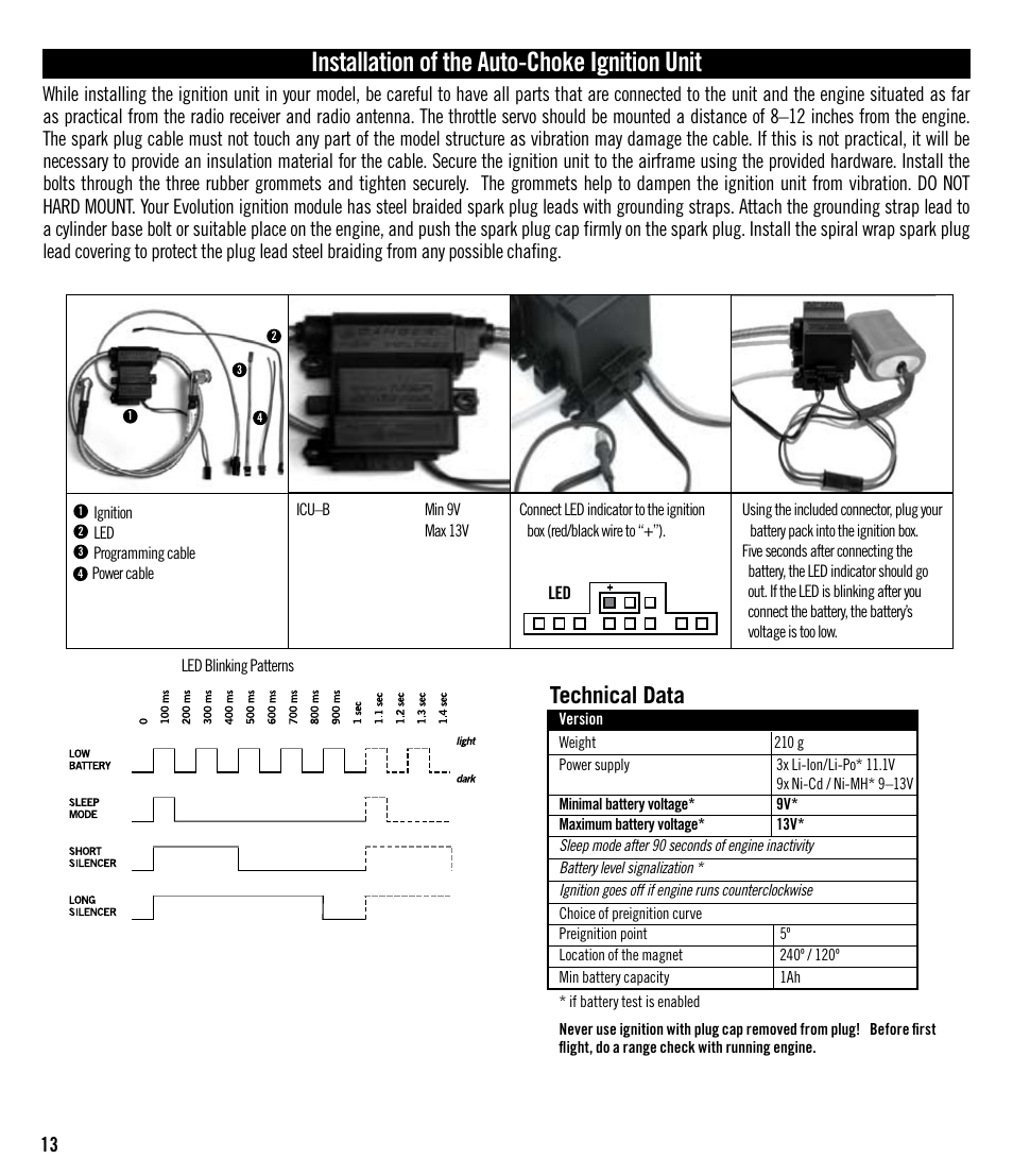 Installation of the auto-choke ignition unit, Technical data | Evolution Engines 152GX User Manual | Page 13 / 16