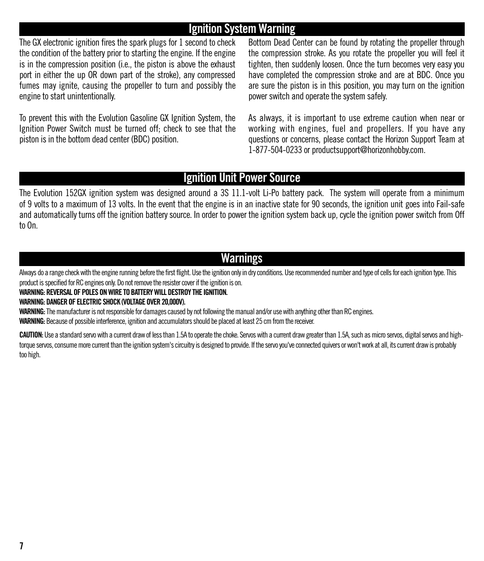 Ignition unit power source, Warnings, Ignition system warning | Evolution Engines 152GX User Manual | Page 7 / 16