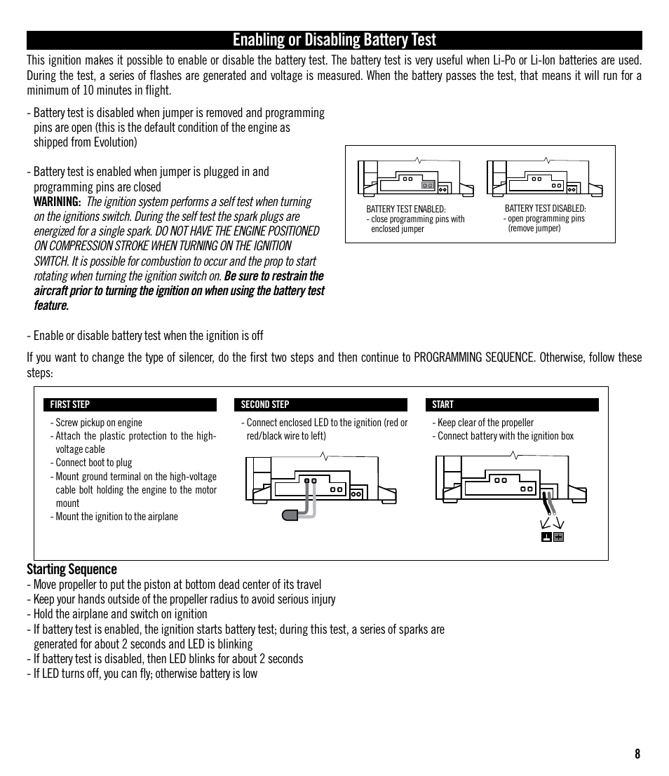 Enabling or disabling battery test, Starting sequence | Evolution Engines 152GX User Manual | Page 8 / 16