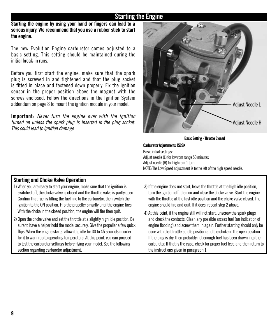 Starting the engine | Evolution Engines 152GX User Manual | Page 9 / 16