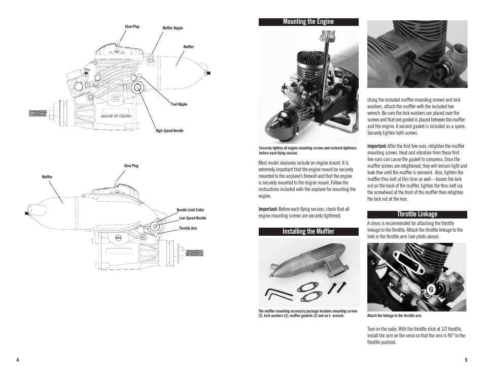 Mounting the engine, Installing the muffler, Throttle linkage | Evolution Engines 120NX User Manual | Page 3 / 8