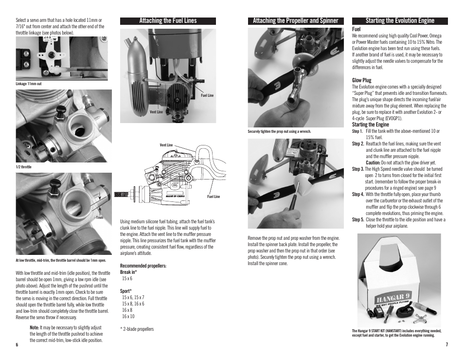 Attaching the propeller and spinner, Starting the evolution engine, Attaching the fuel lines | Evolution Engines 120NX User Manual | Page 4 / 8