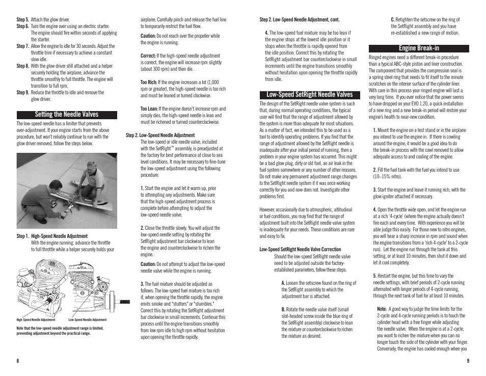 Low-speed setright needle valves, Engine break-in, Setting the needle valves | Evolution Engines 120NX User Manual | Page 5 / 8