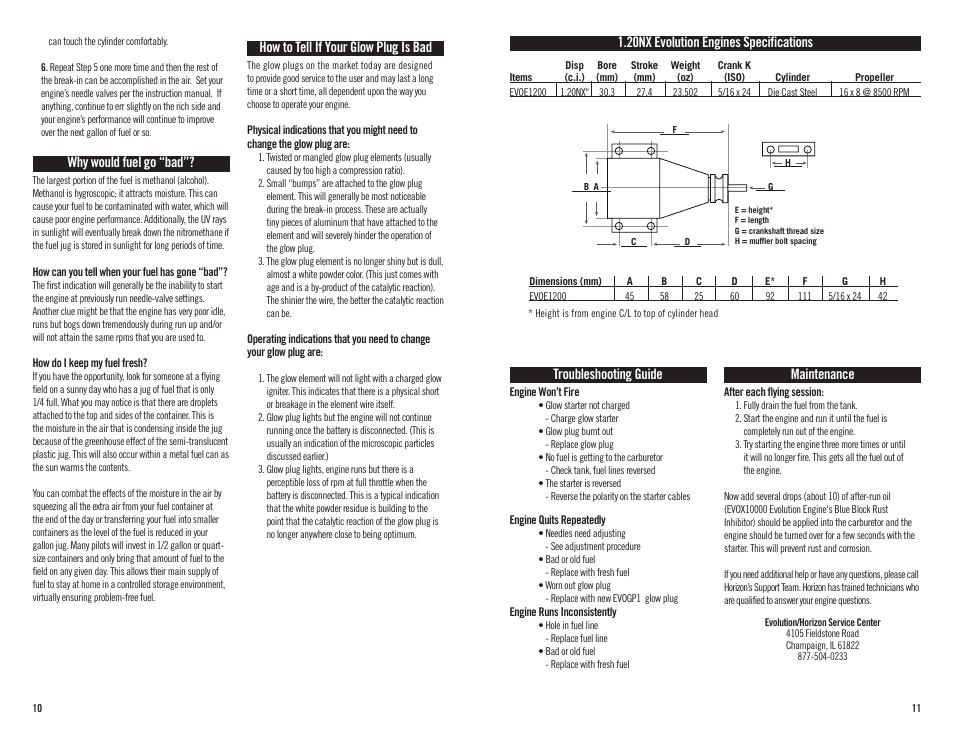 Why would fuel go “bad, How to tell if your glow plug is bad, Troubleshooting guide | Maintenance, 20nx evolution engines specifications | Evolution Engines 120NX User Manual | Page 6 / 8