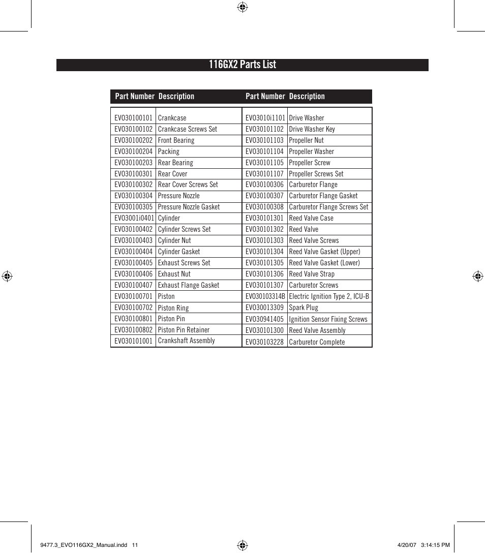 116gx2 parts list | Evolution Engines EVOE116GX2 User Manual | Page 12 / 12