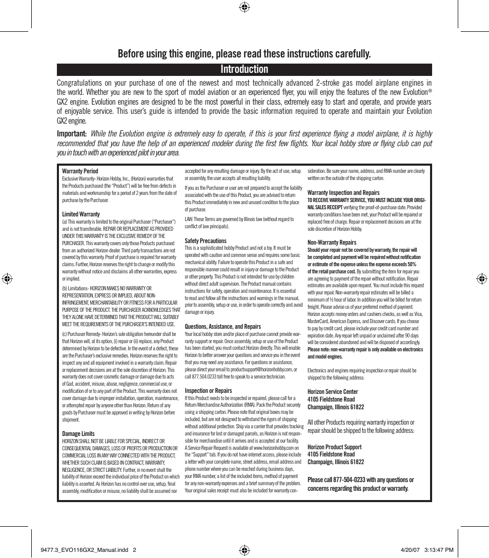 Introduction | Evolution Engines EVOE116GX2 User Manual | Page 3 / 12