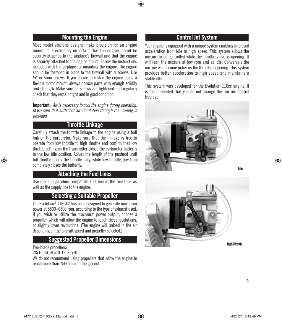 Mounting the engine, Throttle linkage, Attaching the fuel lines | Selecting a suitable propeller, Suggested propeller dimensions, Control jet system | Evolution Engines EVOE116GX2 User Manual | Page 4 / 12