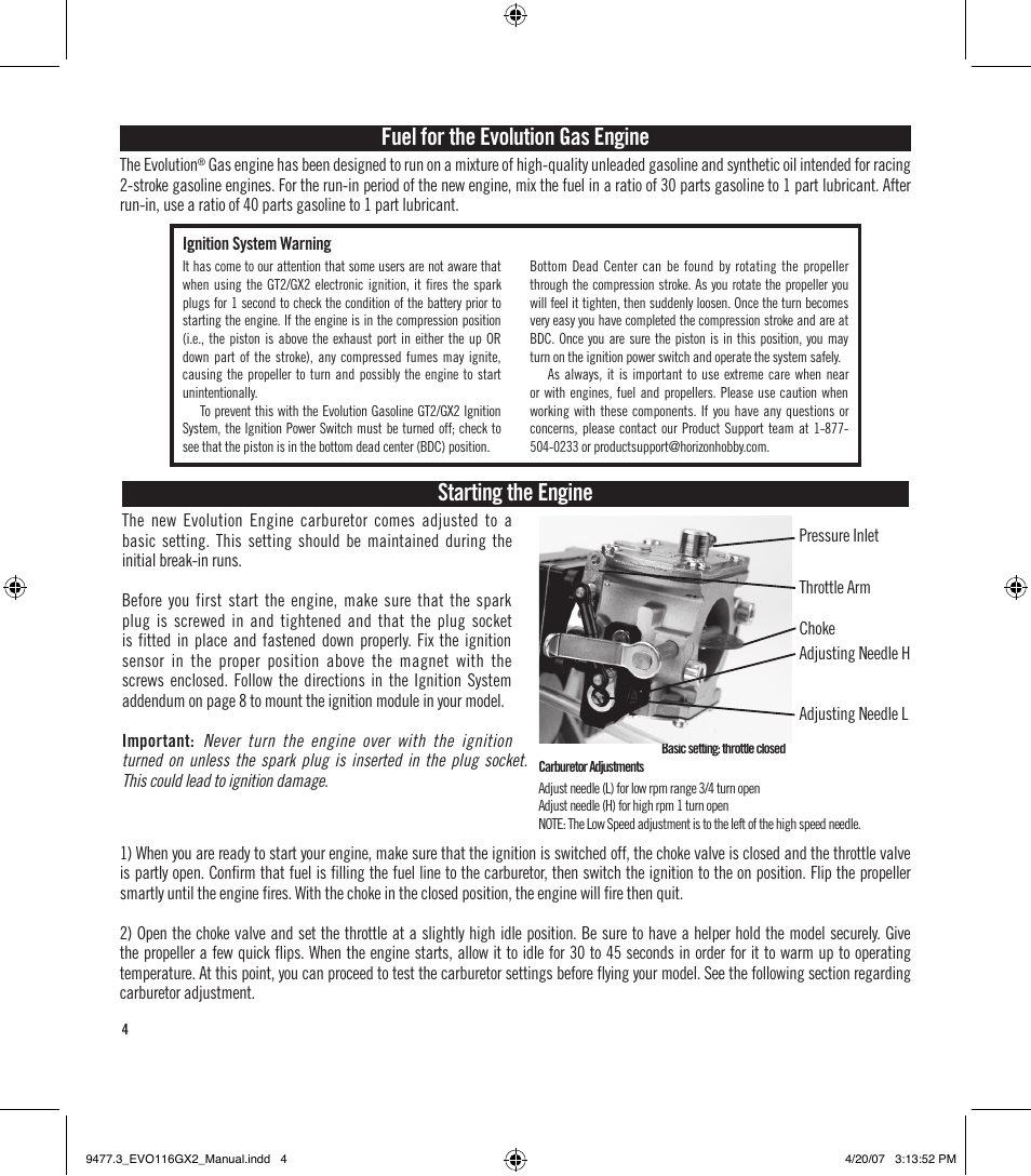 Starting the engine, Fuel for the evolution gas engine | Evolution Engines EVOE116GX2 User Manual | Page 5 / 12