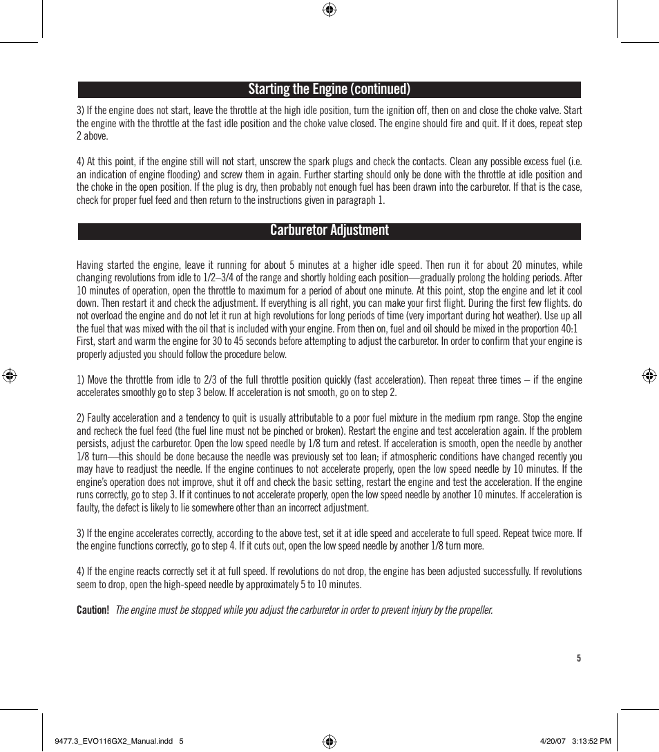 Starting the engine (continued), Carburetor adjustment | Evolution Engines EVOE116GX2 User Manual | Page 6 / 12