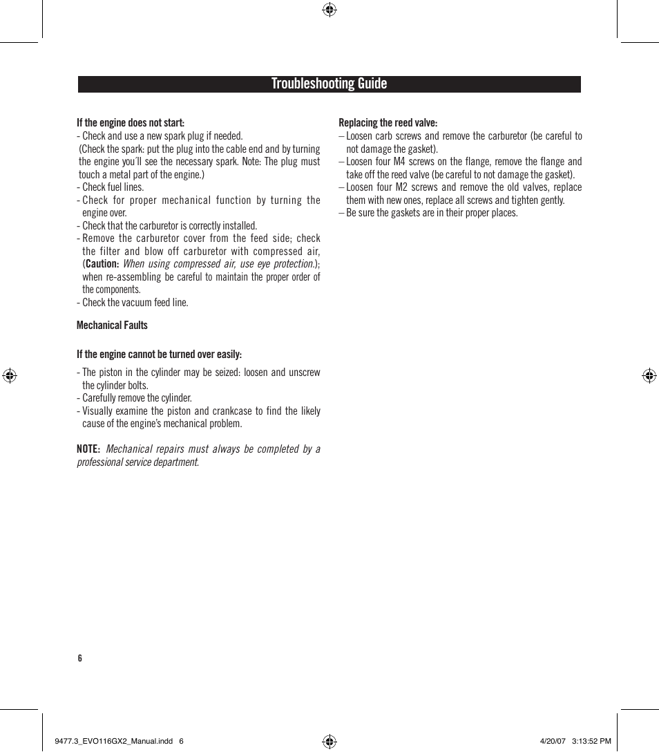 Troubleshooting guide | Evolution Engines EVOE116GX2 User Manual | Page 7 / 12