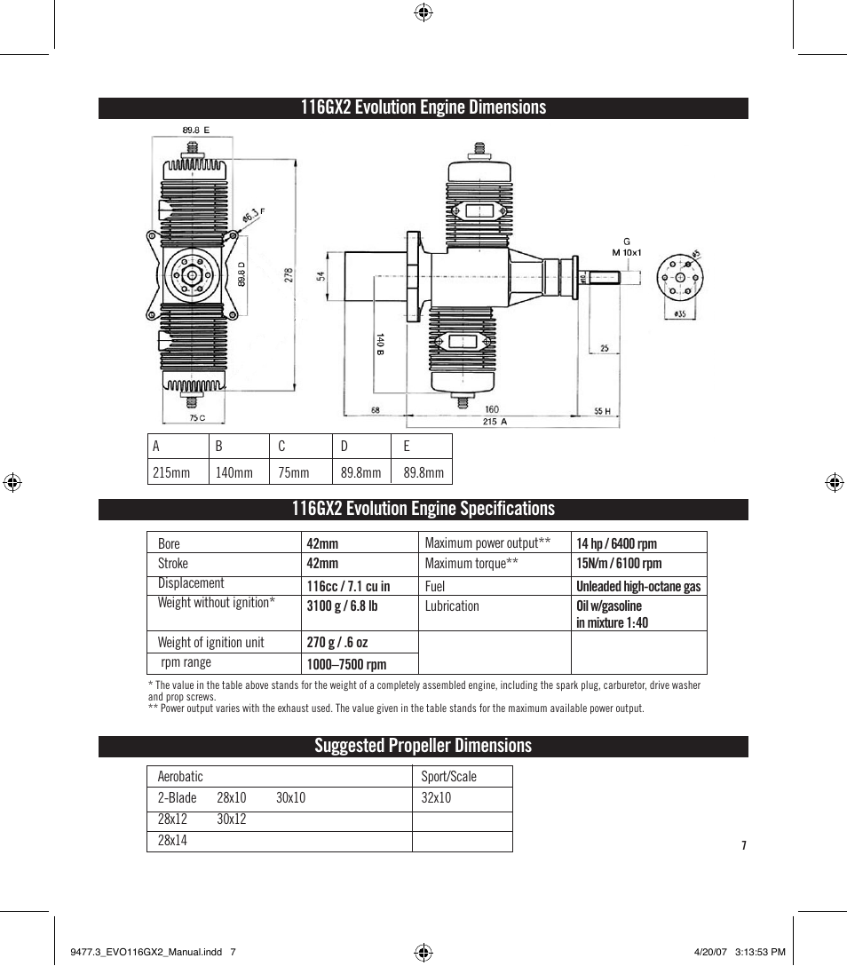 Suggested propeller dimensions | Evolution Engines EVOE116GX2 User Manual | Page 8 / 12
