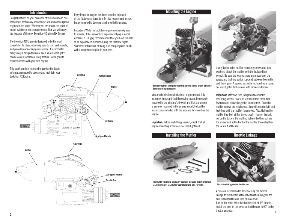 Mounting the engine, Installing the muffler, Throttle linkage | Introduction | Evolution Engines 61NX User Manual | Page 2 / 7