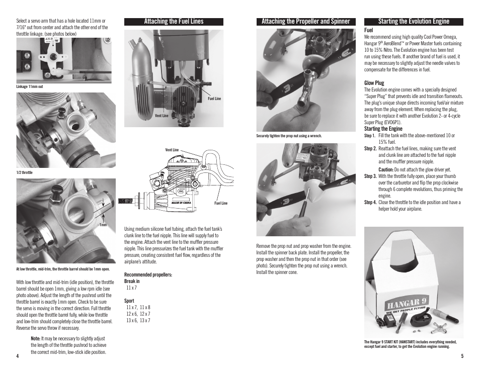 Attaching the propeller and spinner, Starting the evolution engine, Attaching the fuel lines | Evolution Engines 61NX User Manual | Page 3 / 7