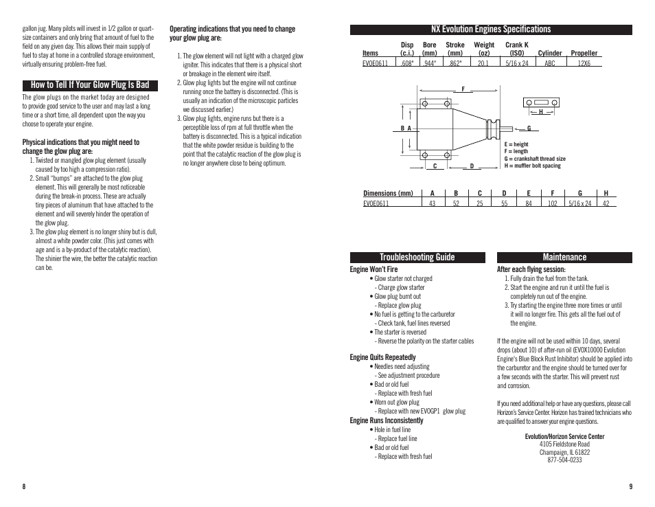 How to tell if your glow plug is bad, Troubleshooting guide, Maintenance | Nx evolution engines specifications | Evolution Engines 61NX User Manual | Page 5 / 7