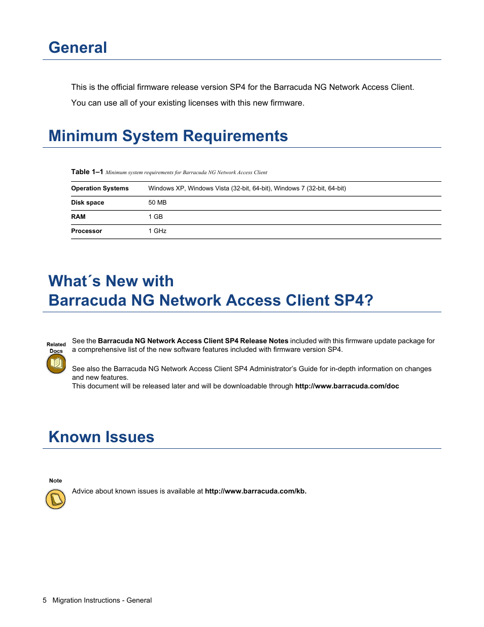 General, Minimum system requirements, Known issues | What´s new with, Barracuda ng network access client sp4 | Barracuda Networks SP4 User Manual | Page 5 / 10