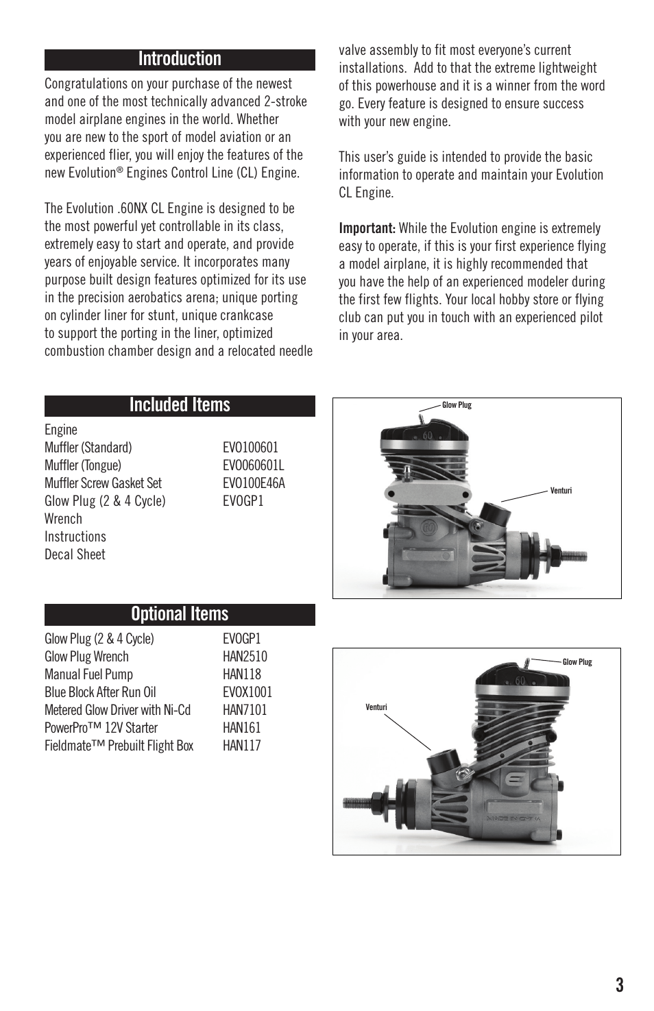 3introduction, Included items, Optional items | Evolution Engines EVOE0605 User Manual | Page 3 / 12