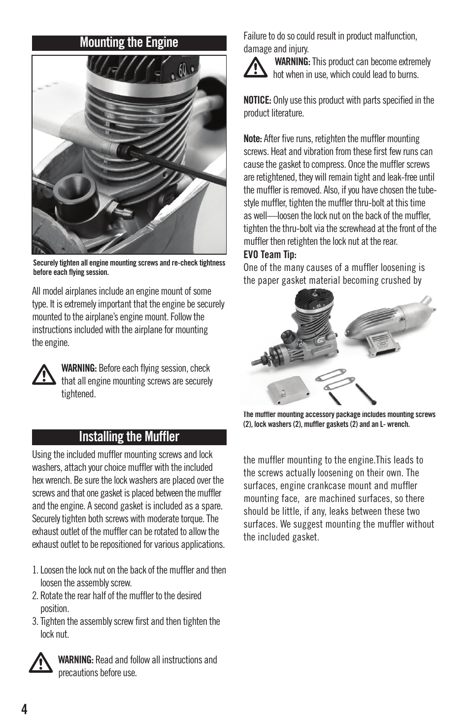 4mounting the engine, Installing the muffler | Evolution Engines EVOE0605 User Manual | Page 4 / 12