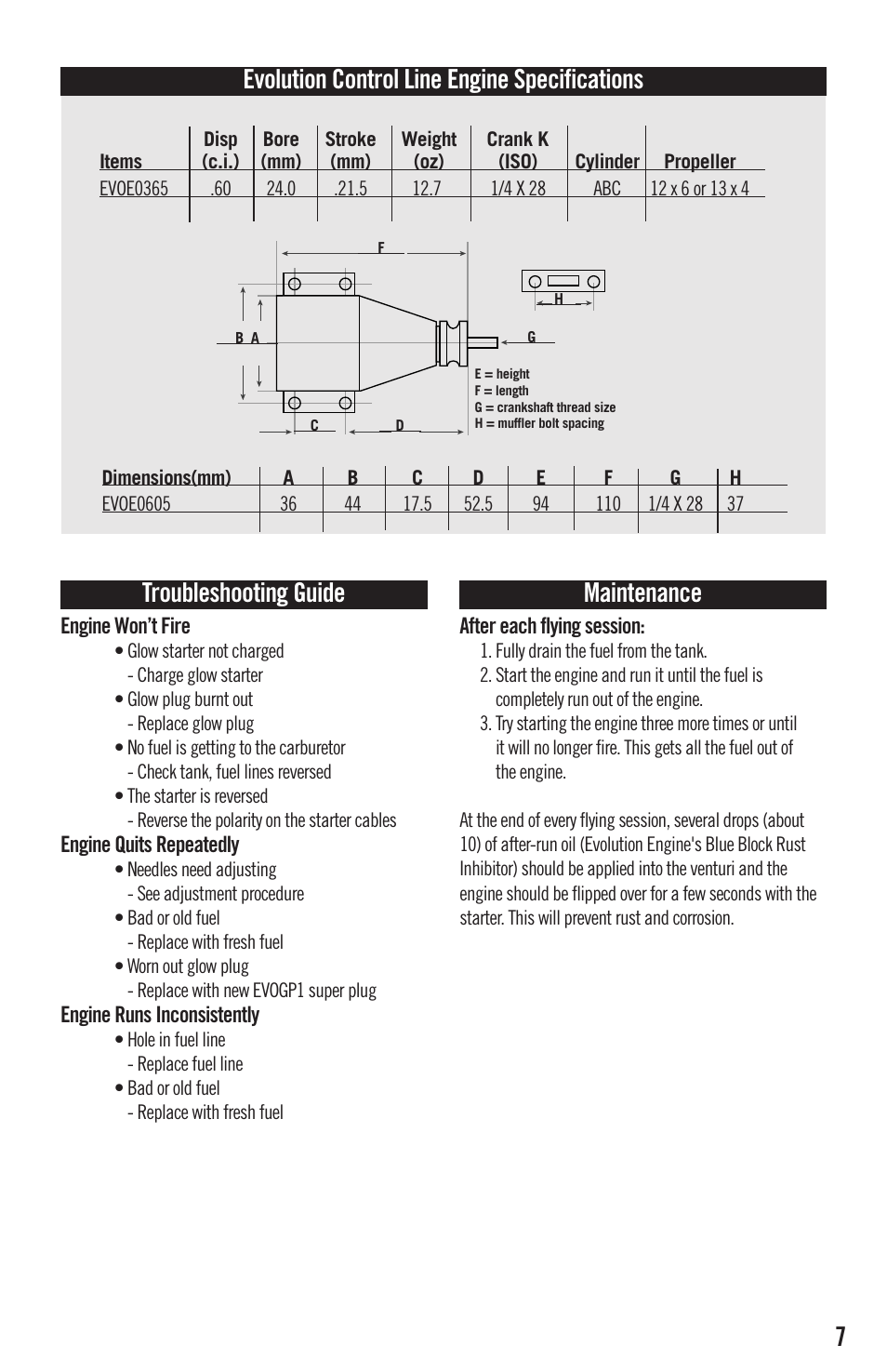 7troubleshooting guide, Maintenance, Evolution control line engine specifications | Evolution Engines EVOE0605 User Manual | Page 7 / 12