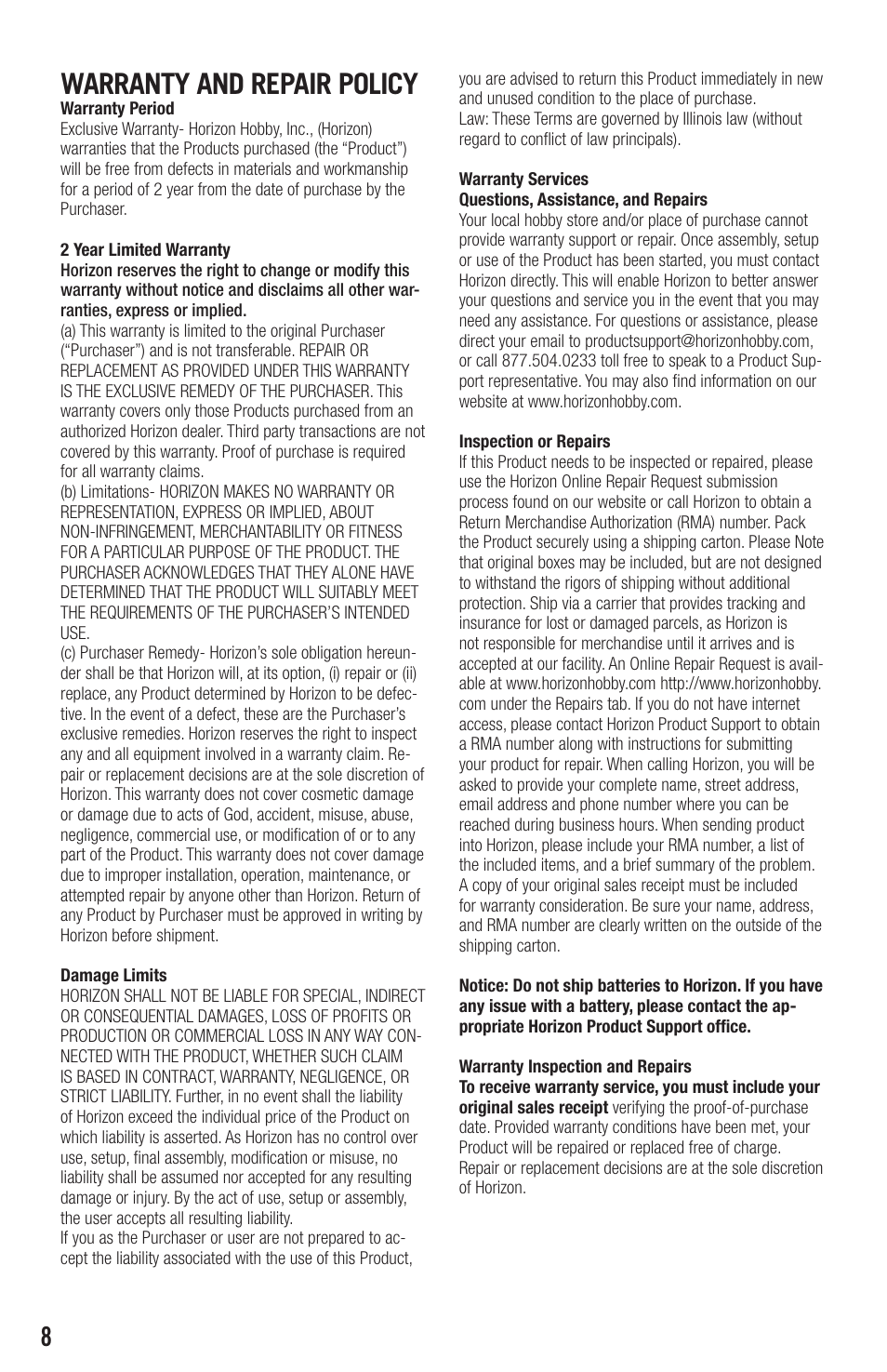 Warranty and repair policy | Evolution Engines EVOE0605 User Manual | Page 8 / 12