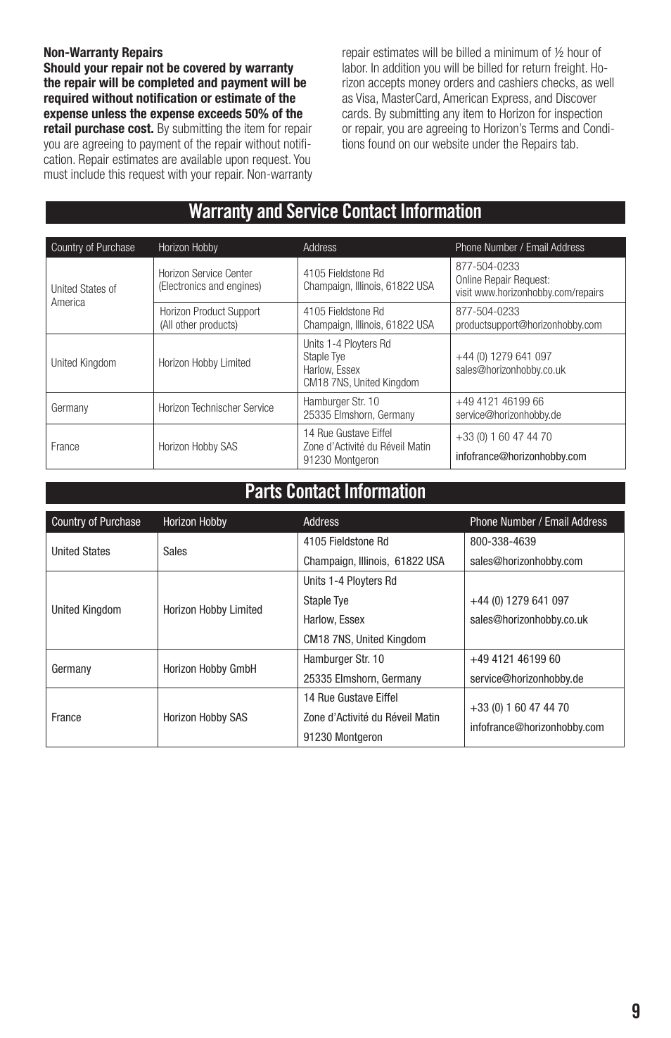 Warranty and service contact information, Parts contact information | Evolution Engines EVOE0605 User Manual | Page 9 / 12