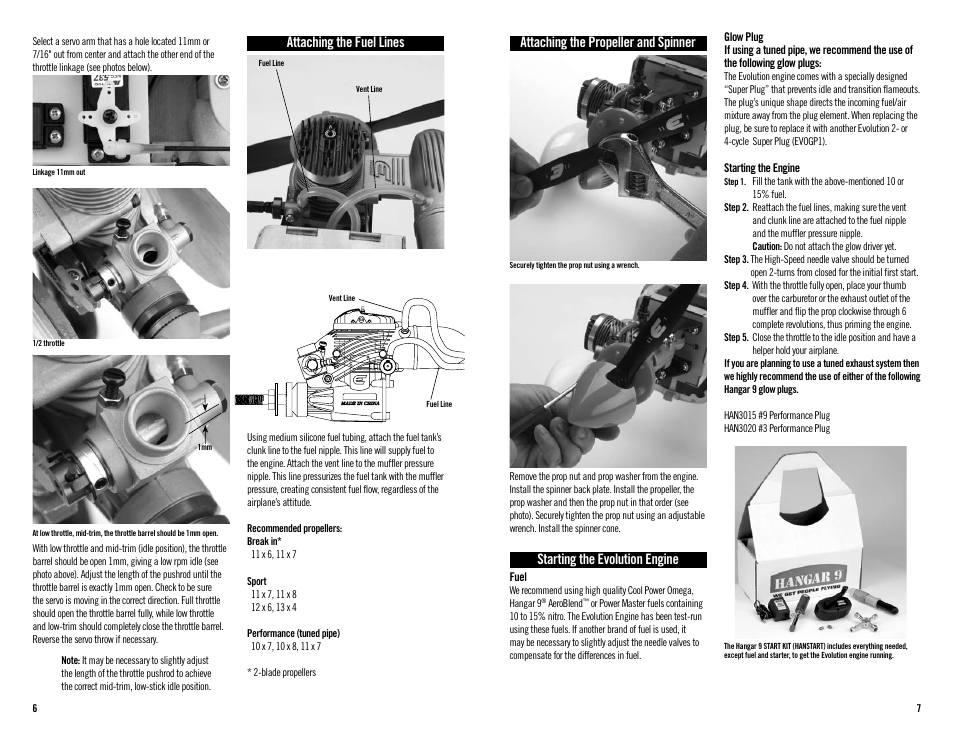 Attaching the propeller and spinner, Starting the evolution engine, Attaching the fuel lines | Evolution Engines 60NX User Manual | Page 4 / 8
